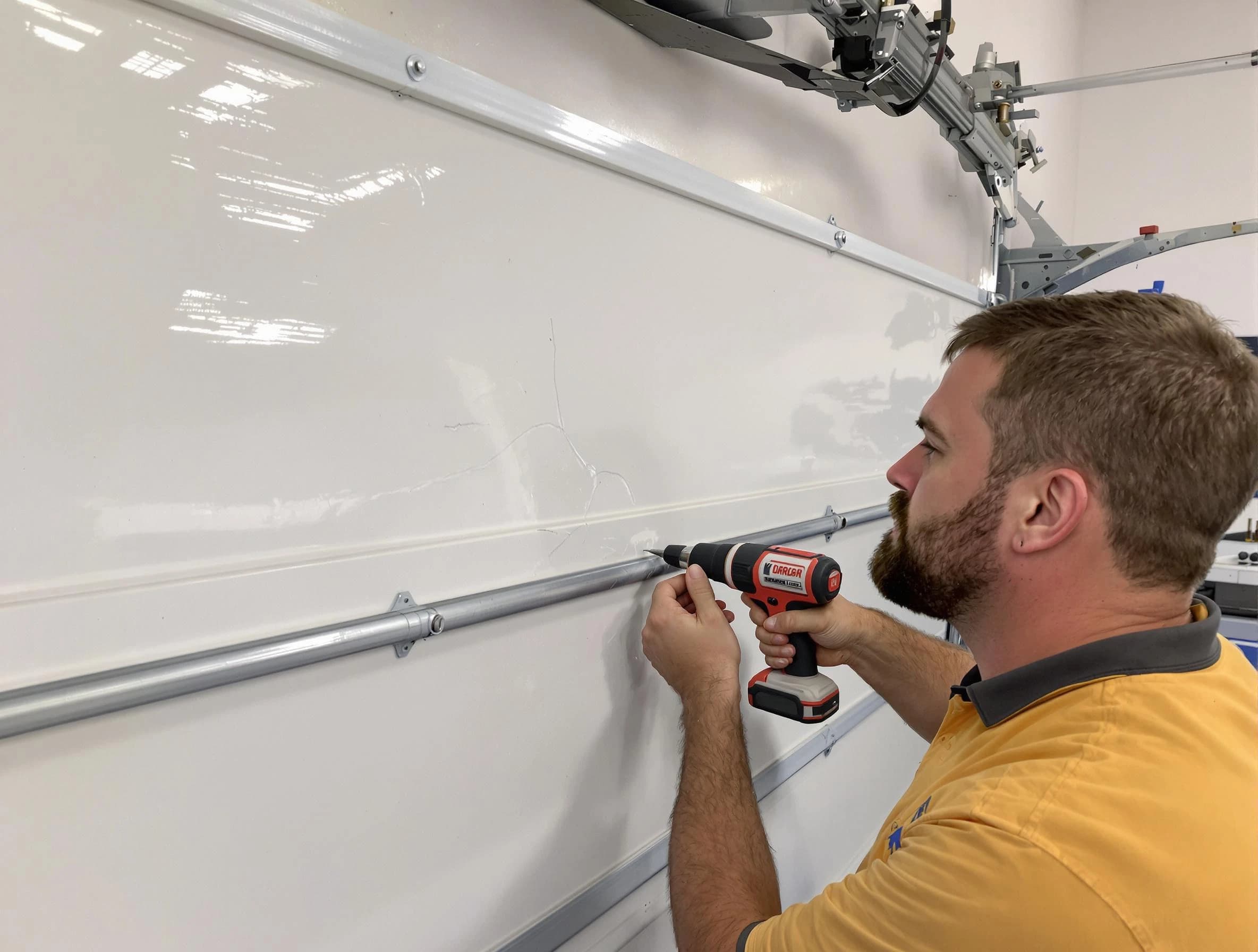 Mequon Garage Door Repair expert performing dent repair on garage door in Mequon