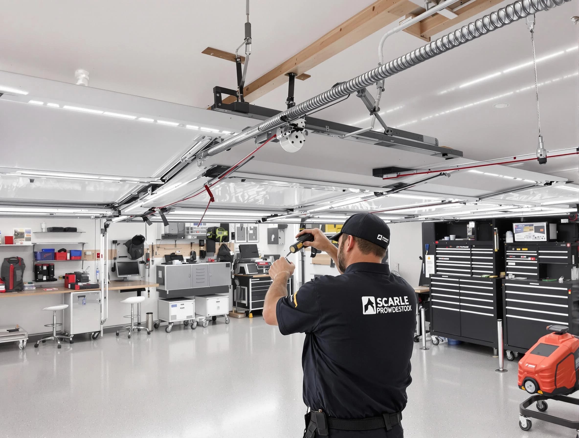 Mequon Garage Door Repair technician repairing overhead garage door in Mequon
