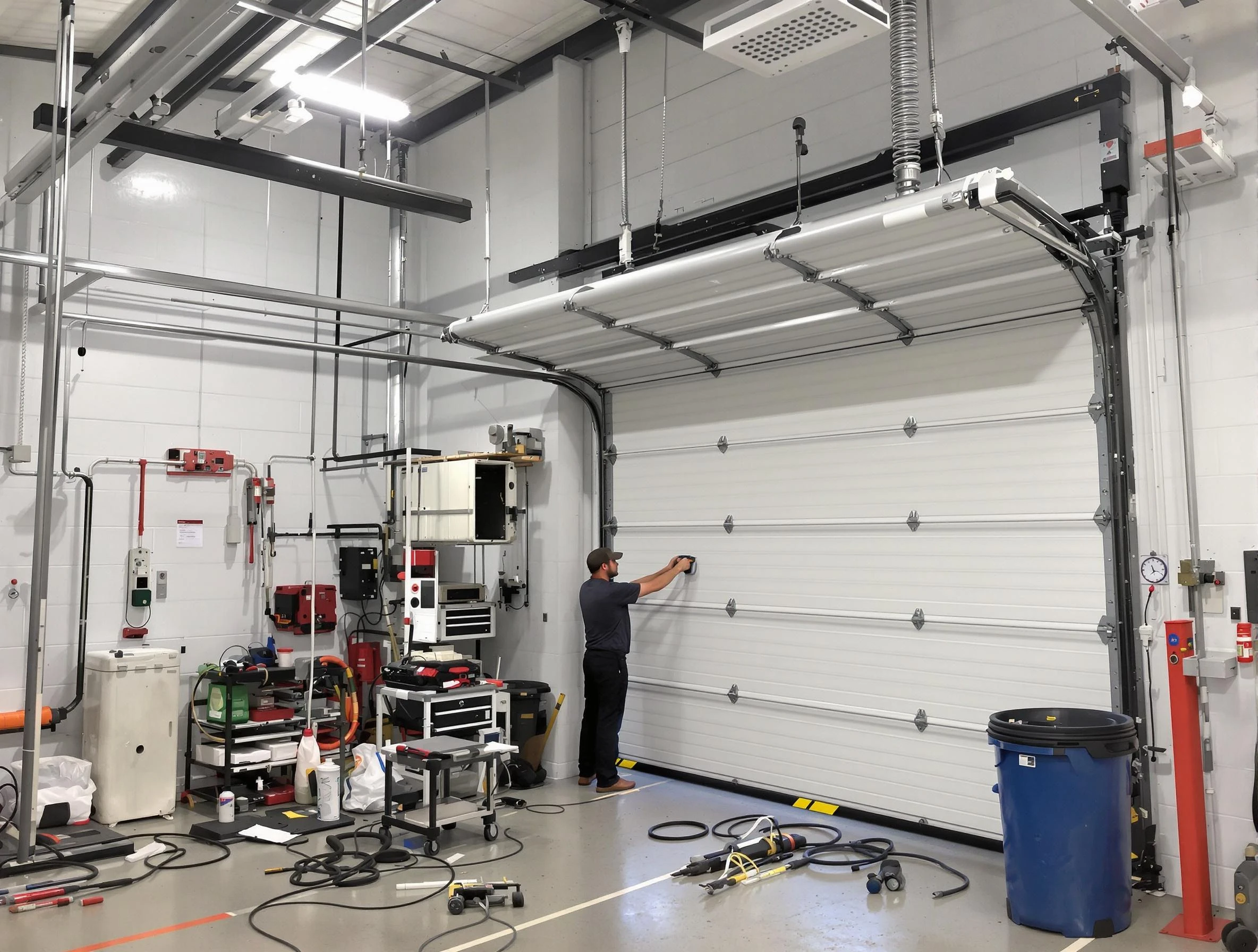 Mequon Garage Door Repair certified technician performing commercial door repair at a Mequon business facility