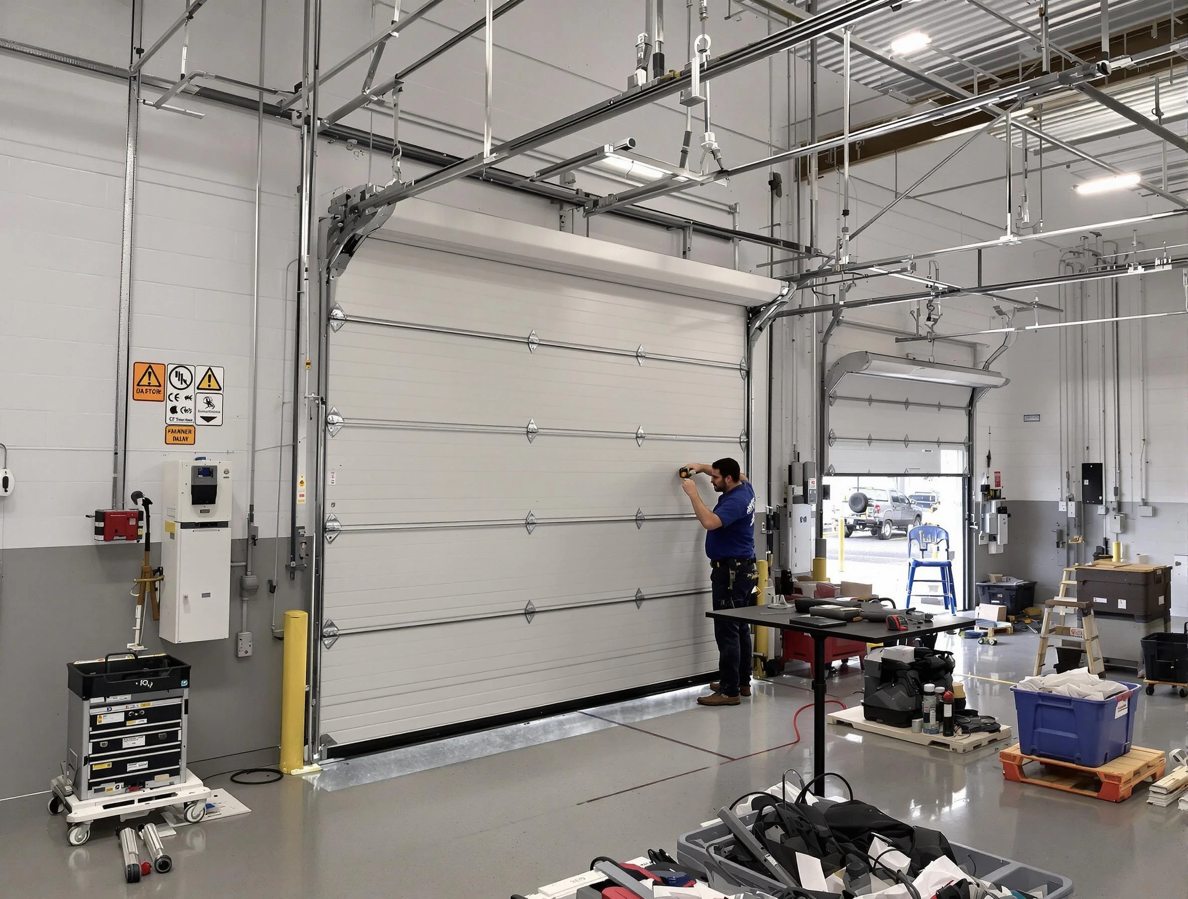 Commercial garage door repair being performed by Mequon Garage Door Repair expert in Mequon