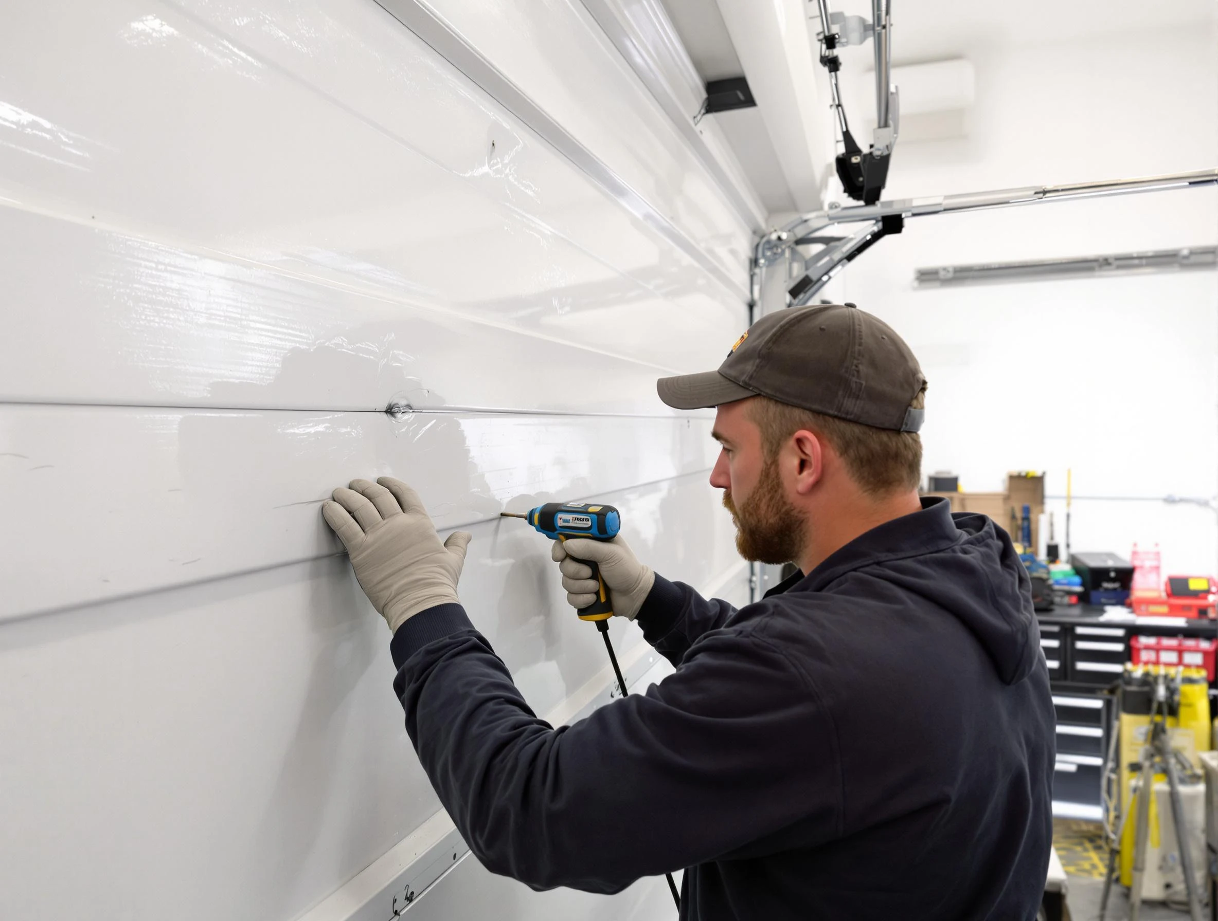 Mequon Garage Door Repair technician demonstrating precision dent removal techniques on a Mequon garage door