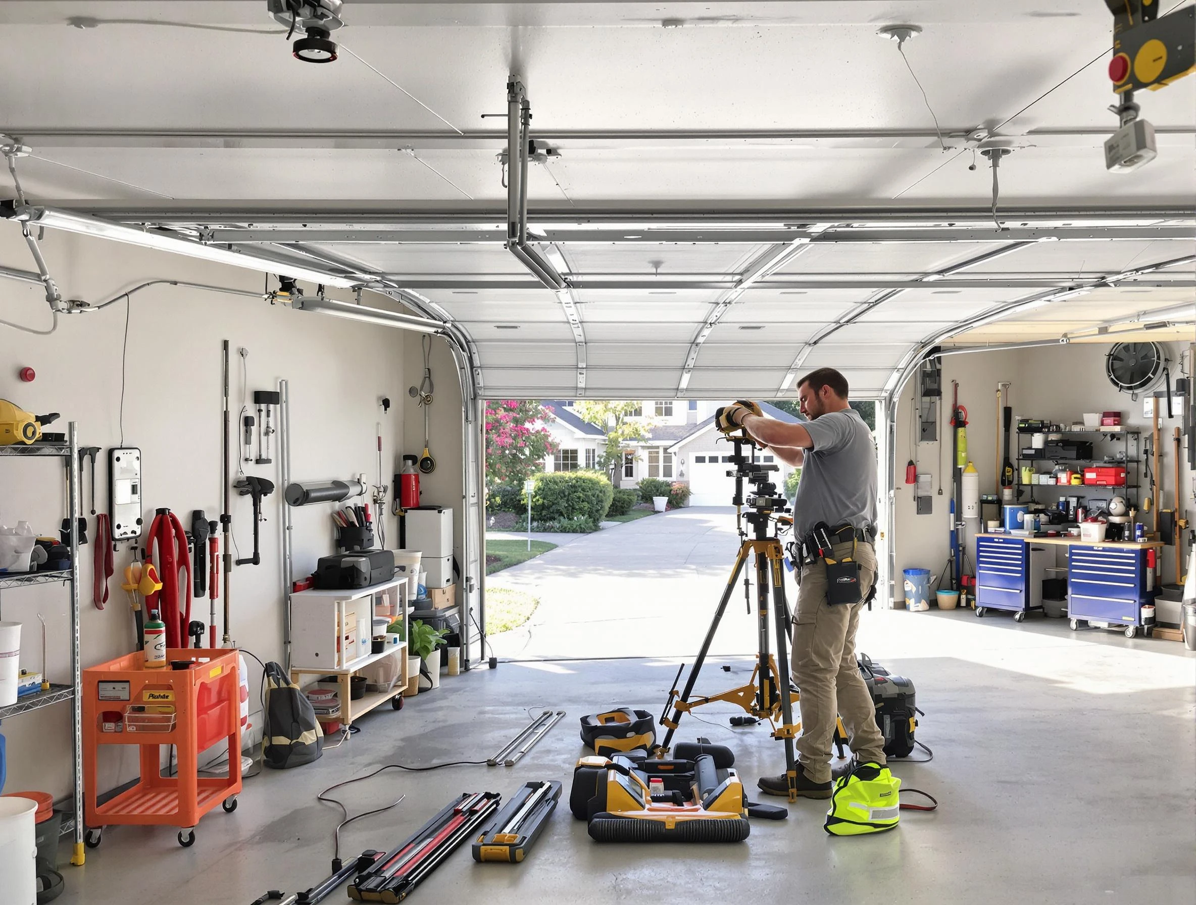 Mequon Garage Door Repair specialist performing laser-guided track alignment in Mequon